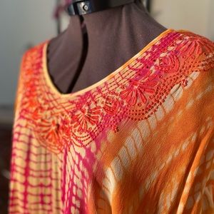 Trina Turk Swim Wear. Sheer Embrodiered Fushia, Orange, and Yellow Tunic. Sz Sm